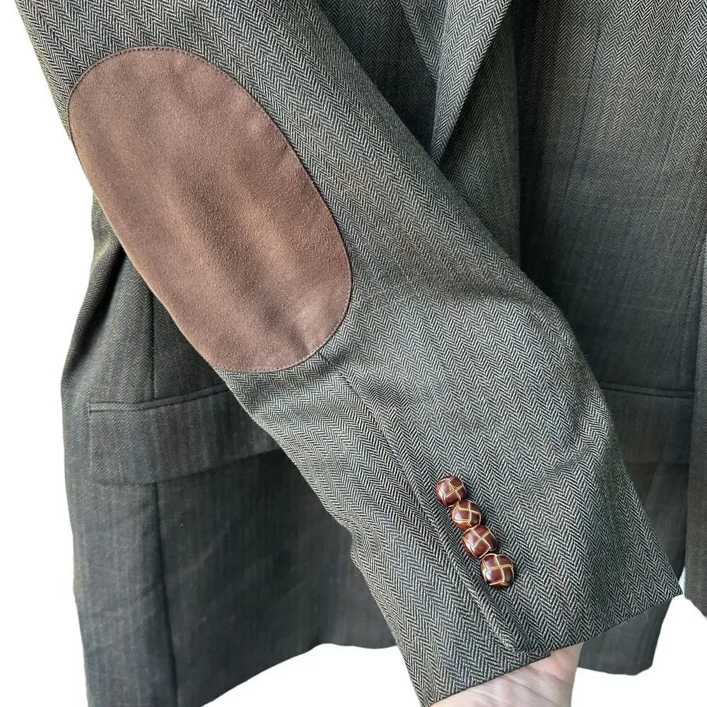 Ralph Lauren 100% Wool Sports Coat Elbow Patches‎ Brown Black Herringbone 42L